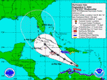 [Image of storm location, predicted track, and coastal areas under a warning or a watch]